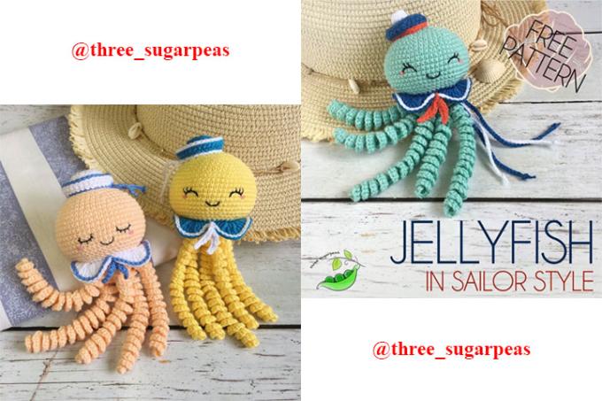 Chart móc con sứa biển bằng len mặc đồ thủy thủ siêu cute - free pattern của @three_sugarpeas