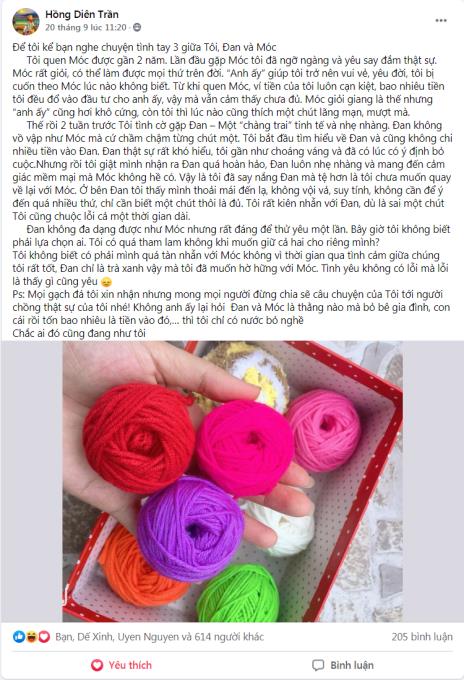Mới đây trên Hội đan móc len xuất hiện bài đăng đầy thú vị và hài hước của nick Facebook Hồng Diên Trần kể về chuyện tình tay ba giữa chị, anh Đan và anh Móc thu hút sự đồng cảm của rất nhiều chị em lenbiz.
